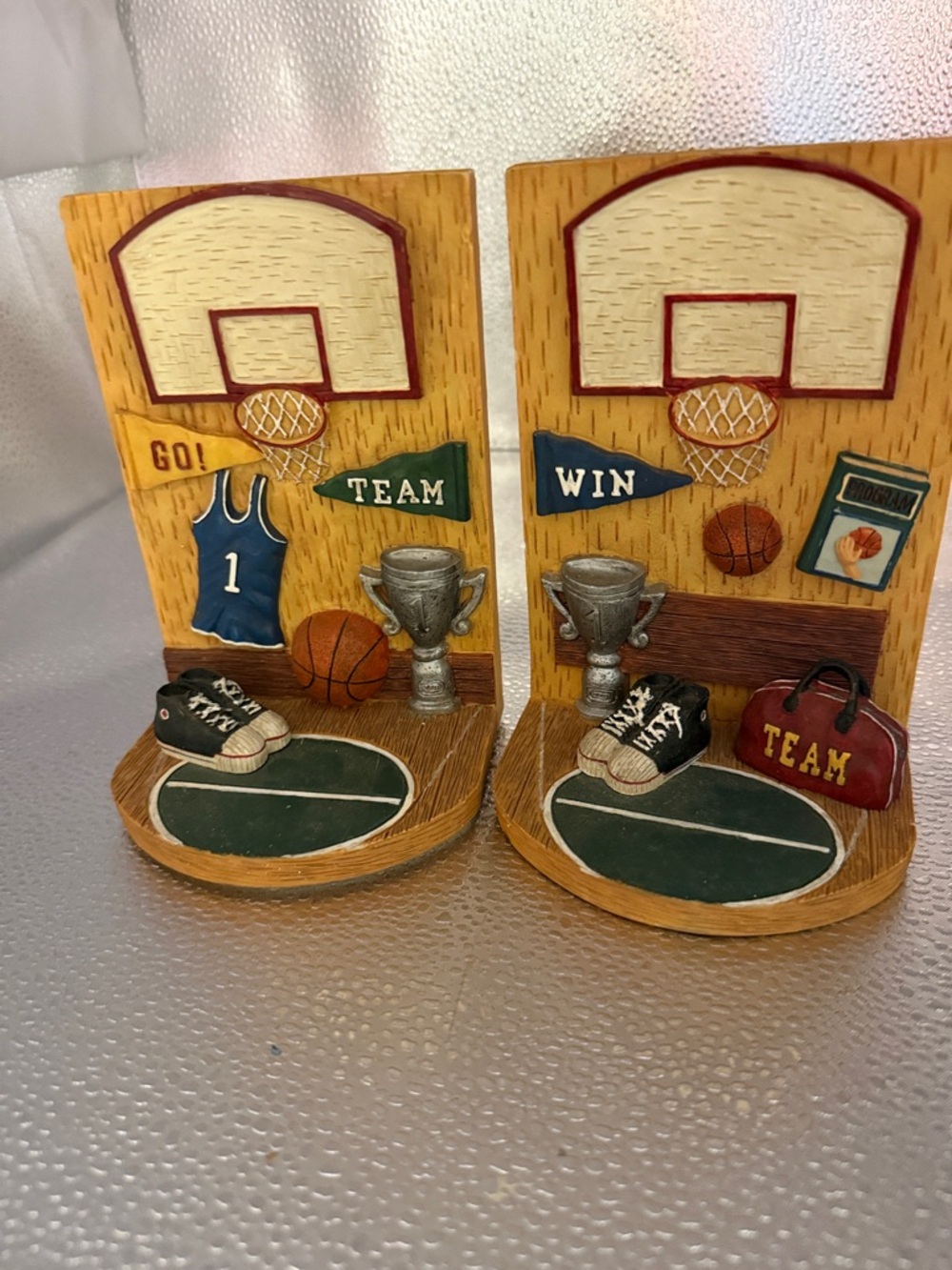 Vintage Resin Basketball Court Decorative Bookends - Green, Blue, Brown